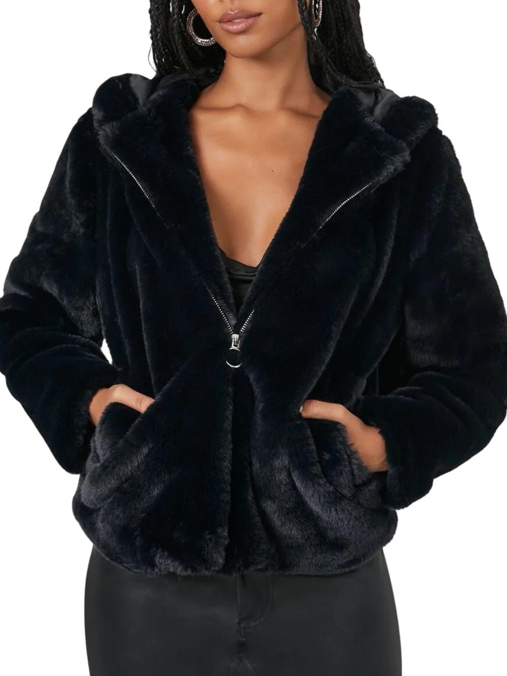 Black Faux Fur Hooded Jacket Coat Women’s Plush Soft Zip Front Y2K Glam